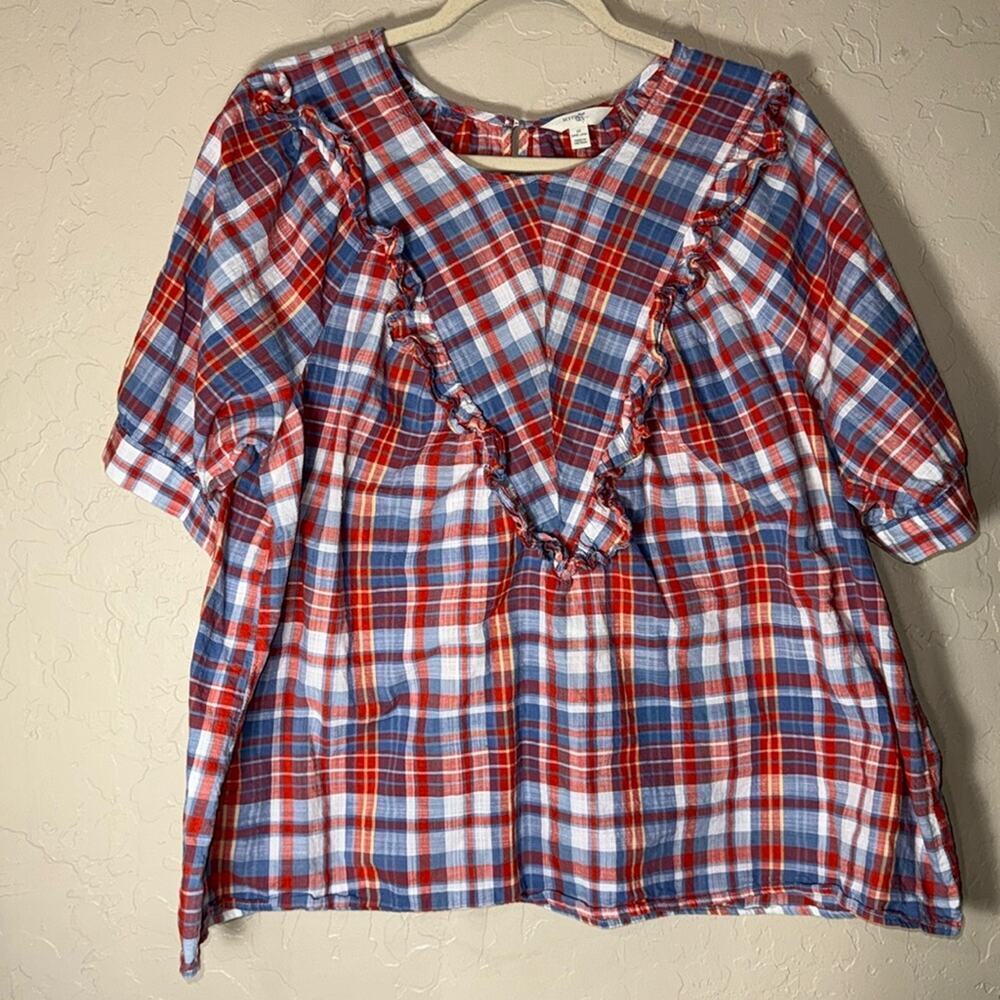 Terra & sky red white and blue plaid ruffle front gingham cotton popover top 1X.